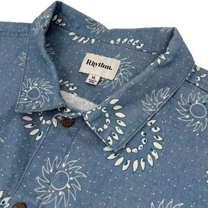 Rhythm Men's Linen Cotton Sunburst Short Sleeve Camp Shirt Blue XL